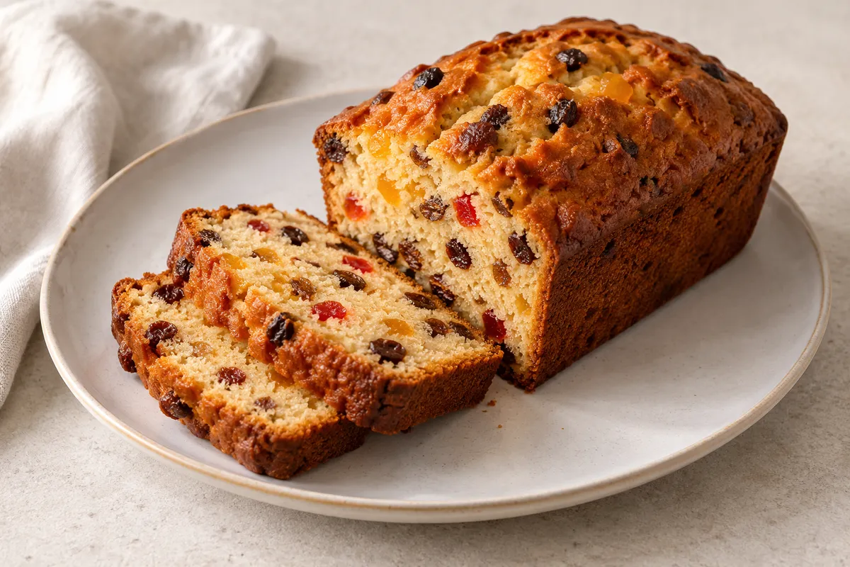 Cake aux fruits sur un fond de lin clair.