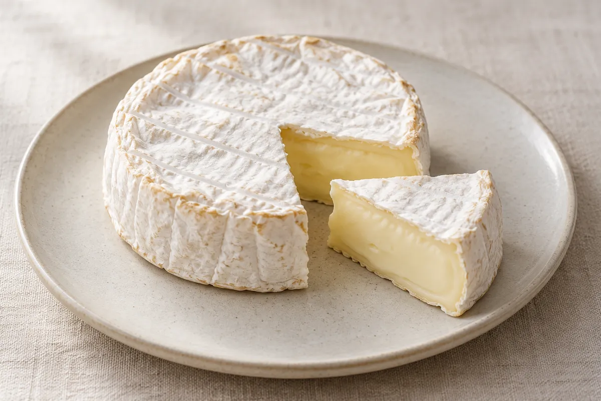 Camembert au lait sur un fond de lin clair.