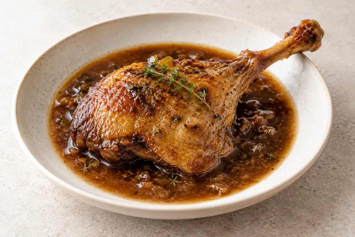 Canard en sauce sur un fond de lin clair.
