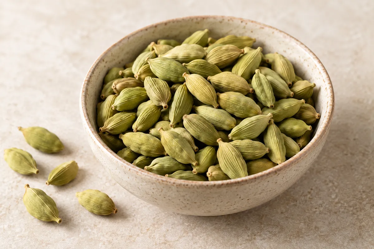 Cardamome sur un fond de lin clair.