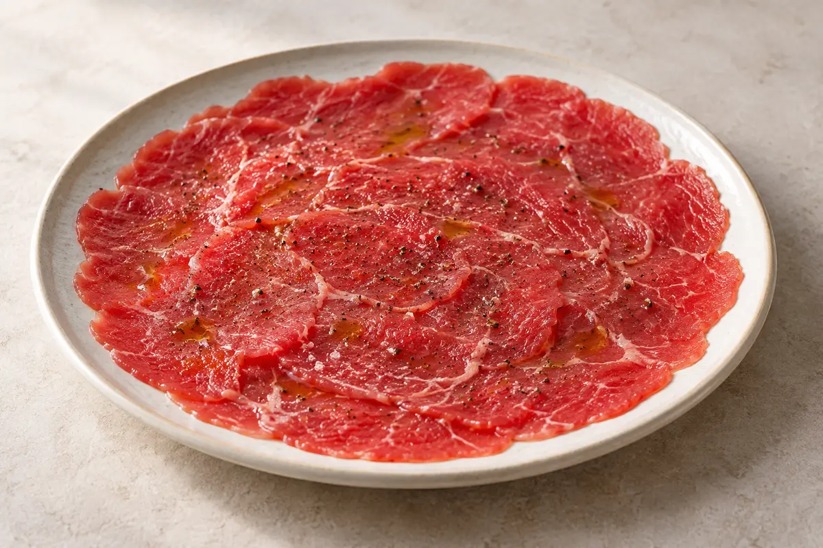 Carpaccio de boeuf sur un fond de lin clair.