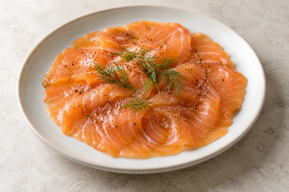Carpaccio de saumon sur un fond de lin clair.