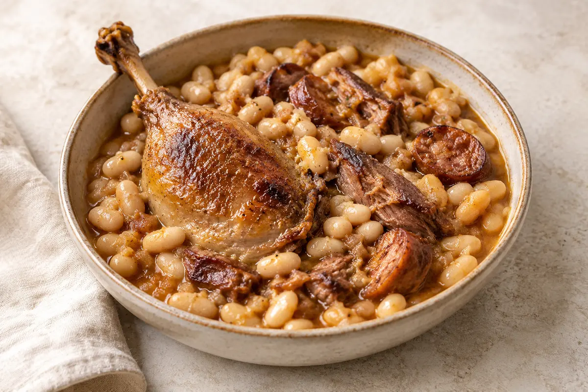 Cassoulet au canard sur un fond de lin clair.