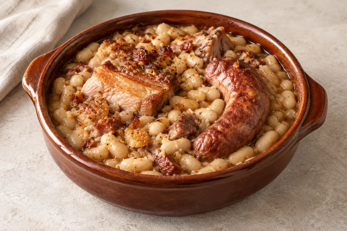 Cassoulet au porc sur un fond de lin clair.