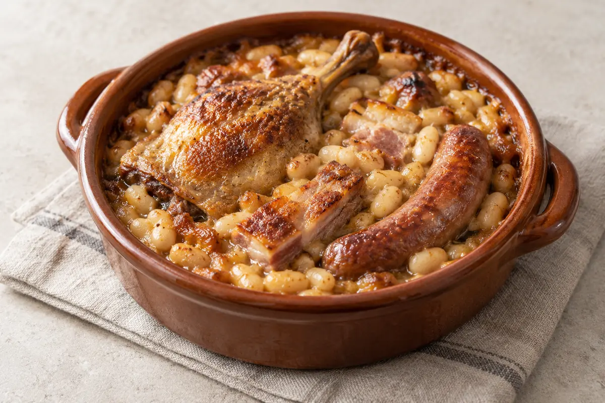 Cassoulet sur un fond de lin clair.