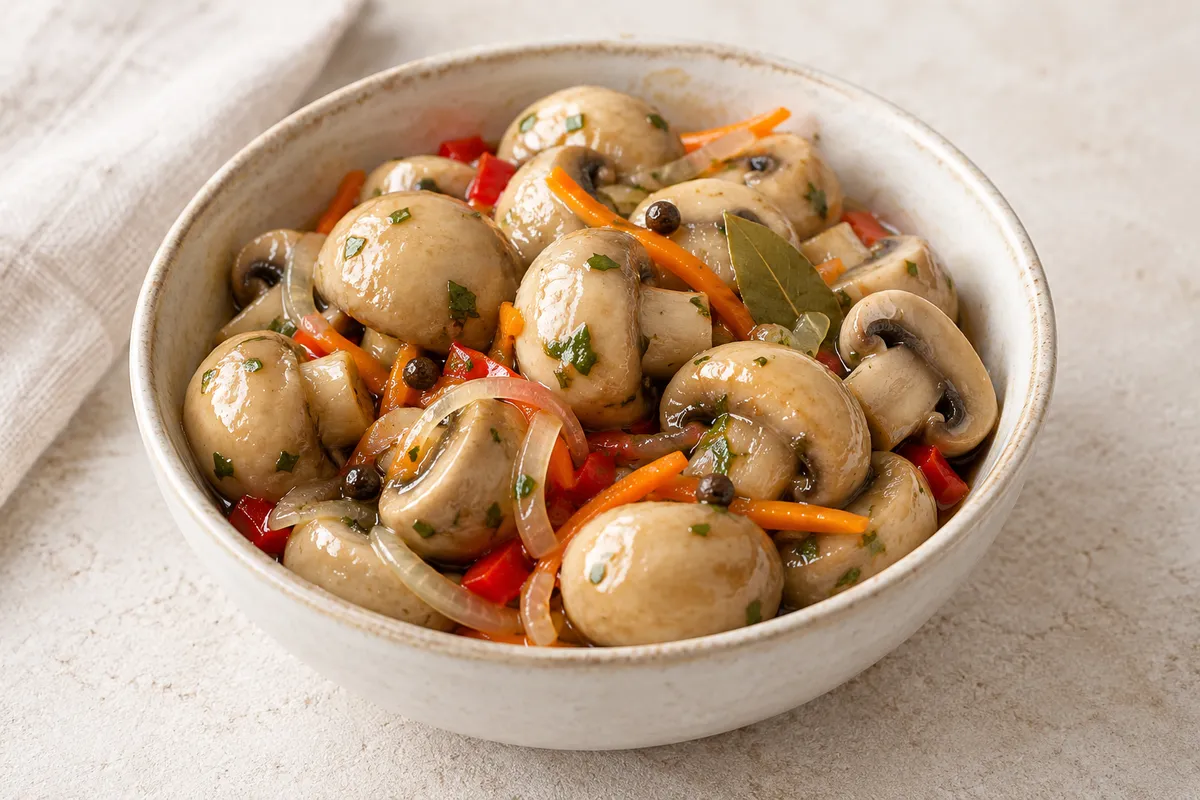 Champignon à la grecque sur un fond de lin clair.