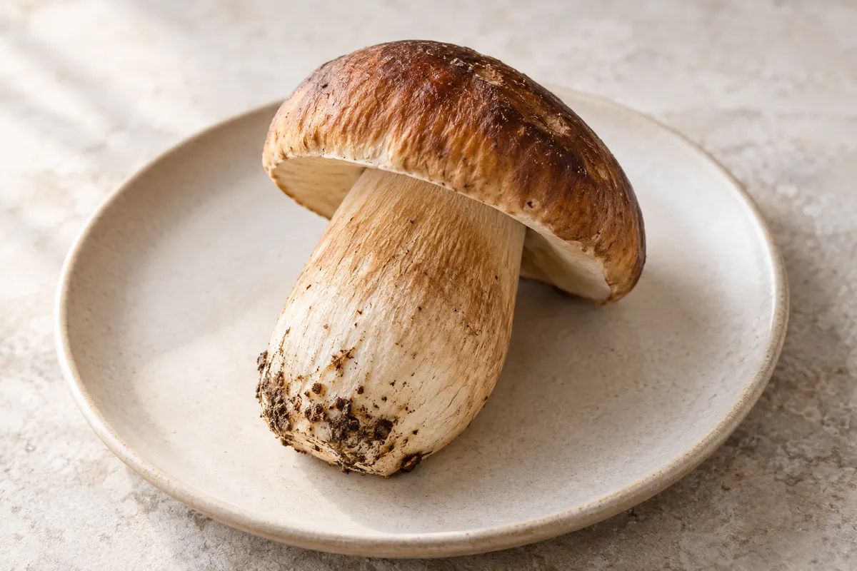 Champignon cèpe sur un fond de lin clair.