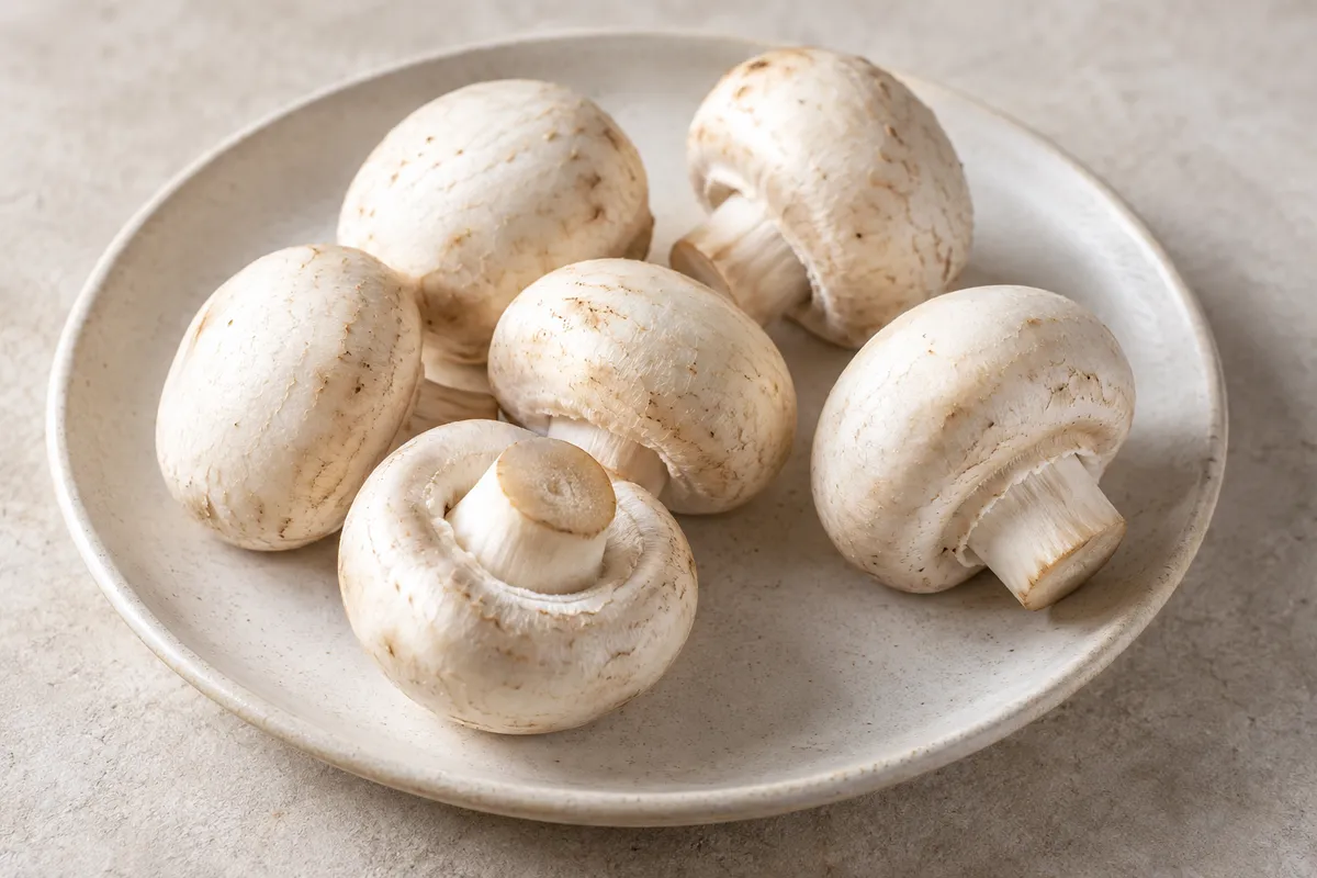 Champignon de paris sur un fond de lin clair.