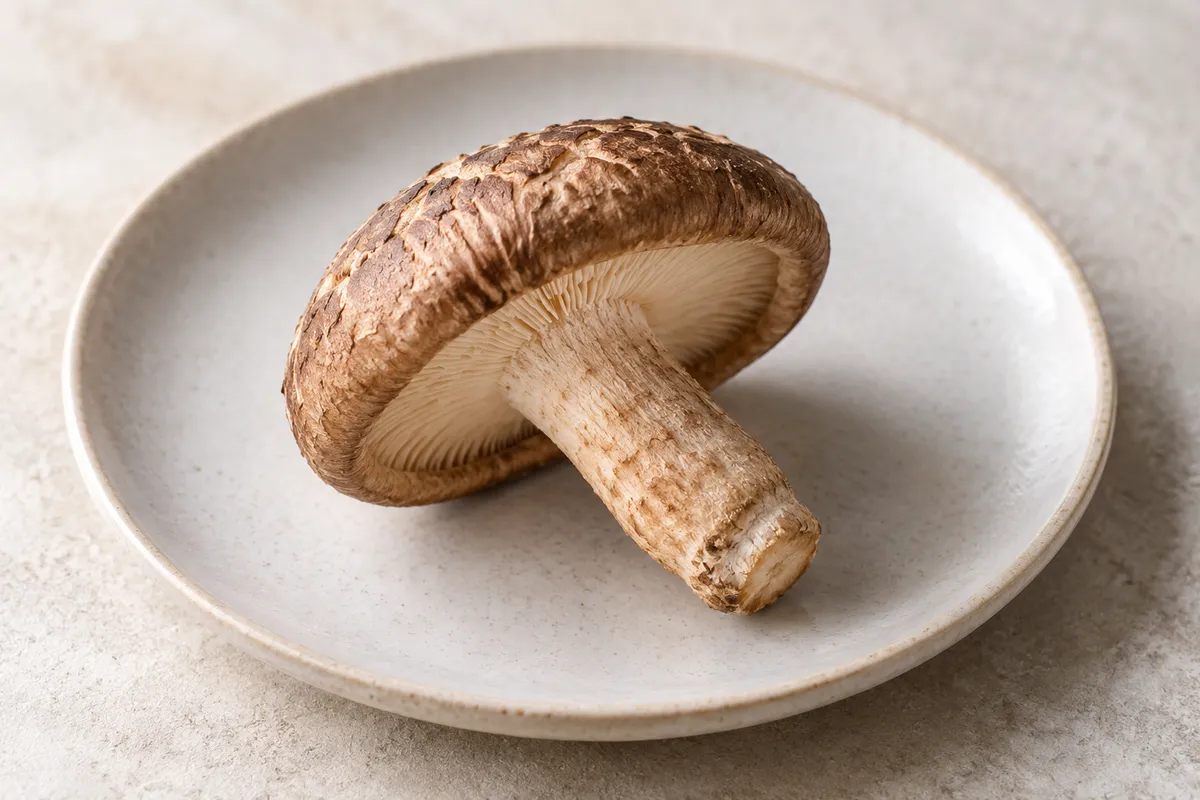 Champignon lentin sur un fond de lin clair.