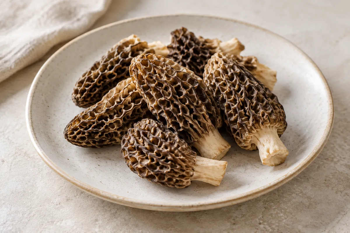 Champignon morille sur un fond de lin clair.