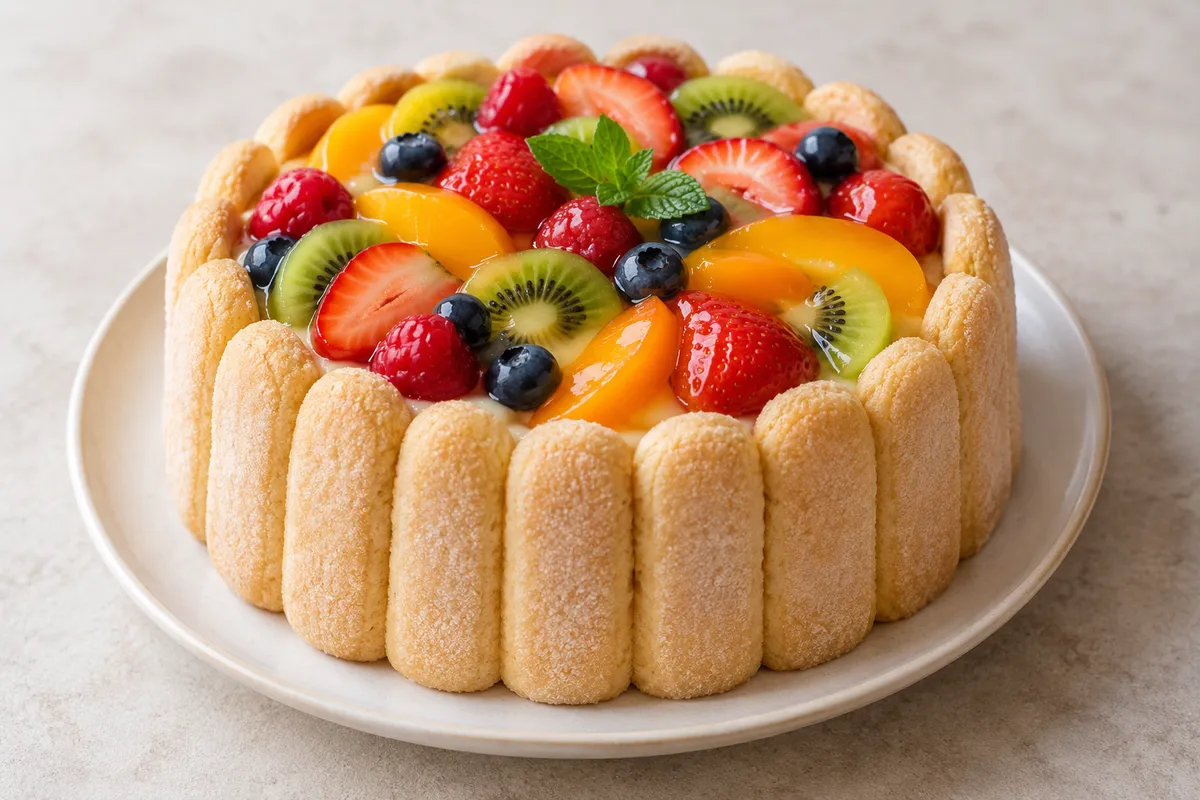Charlotte aux fruits sur un fond de lin clair.