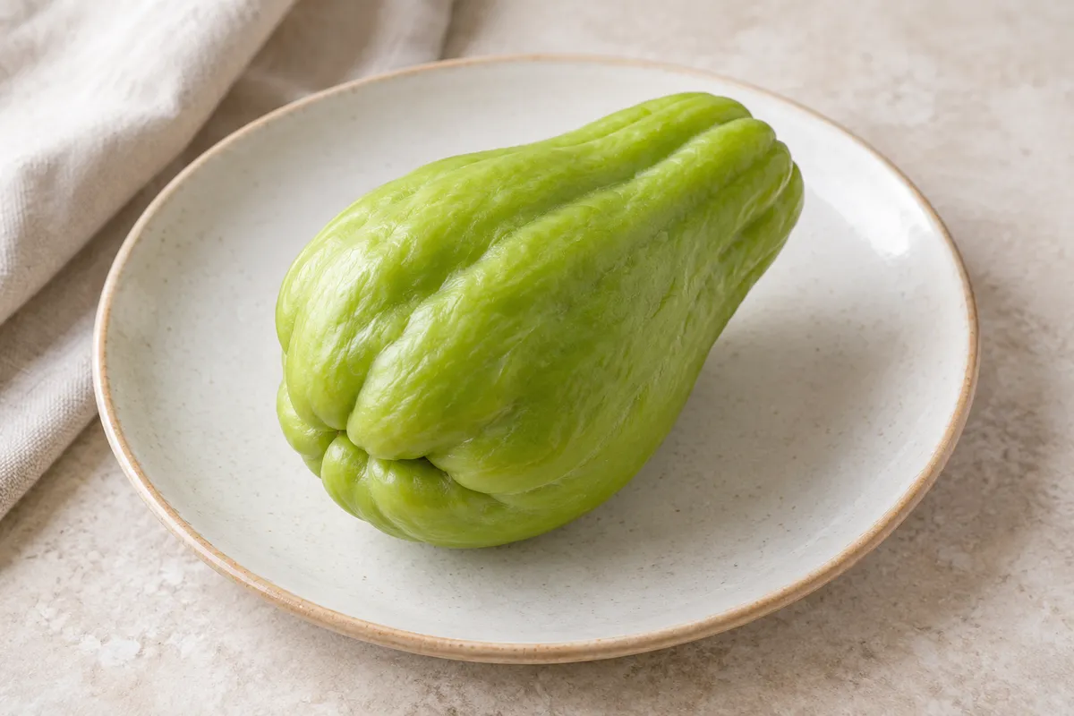Chayote sur un fond de lin clair.