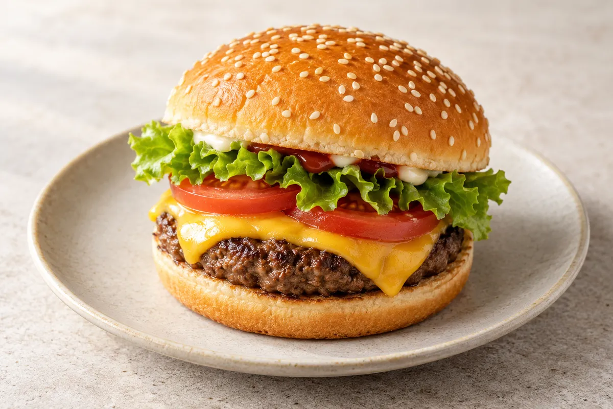 Cheeseburger de restauration sur un fond de lin clair.