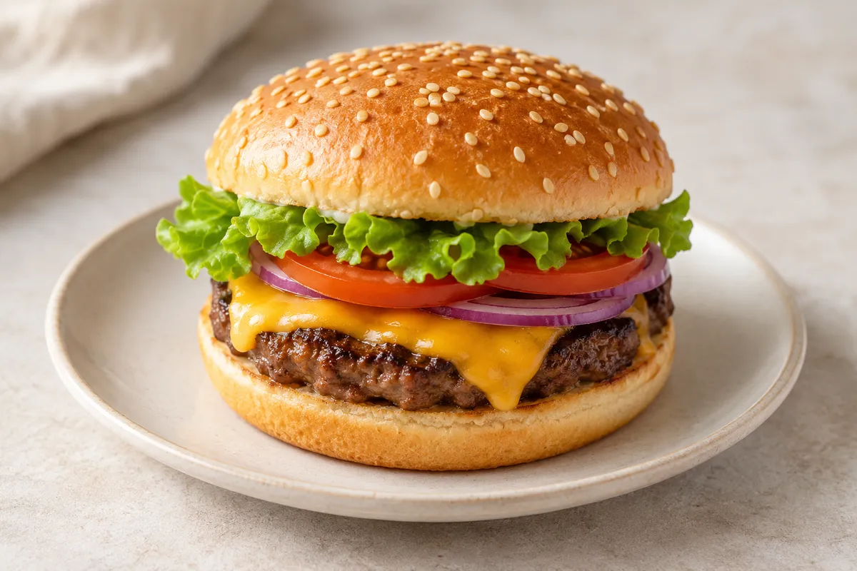 Cheeseburger sur un fond de lin clair.