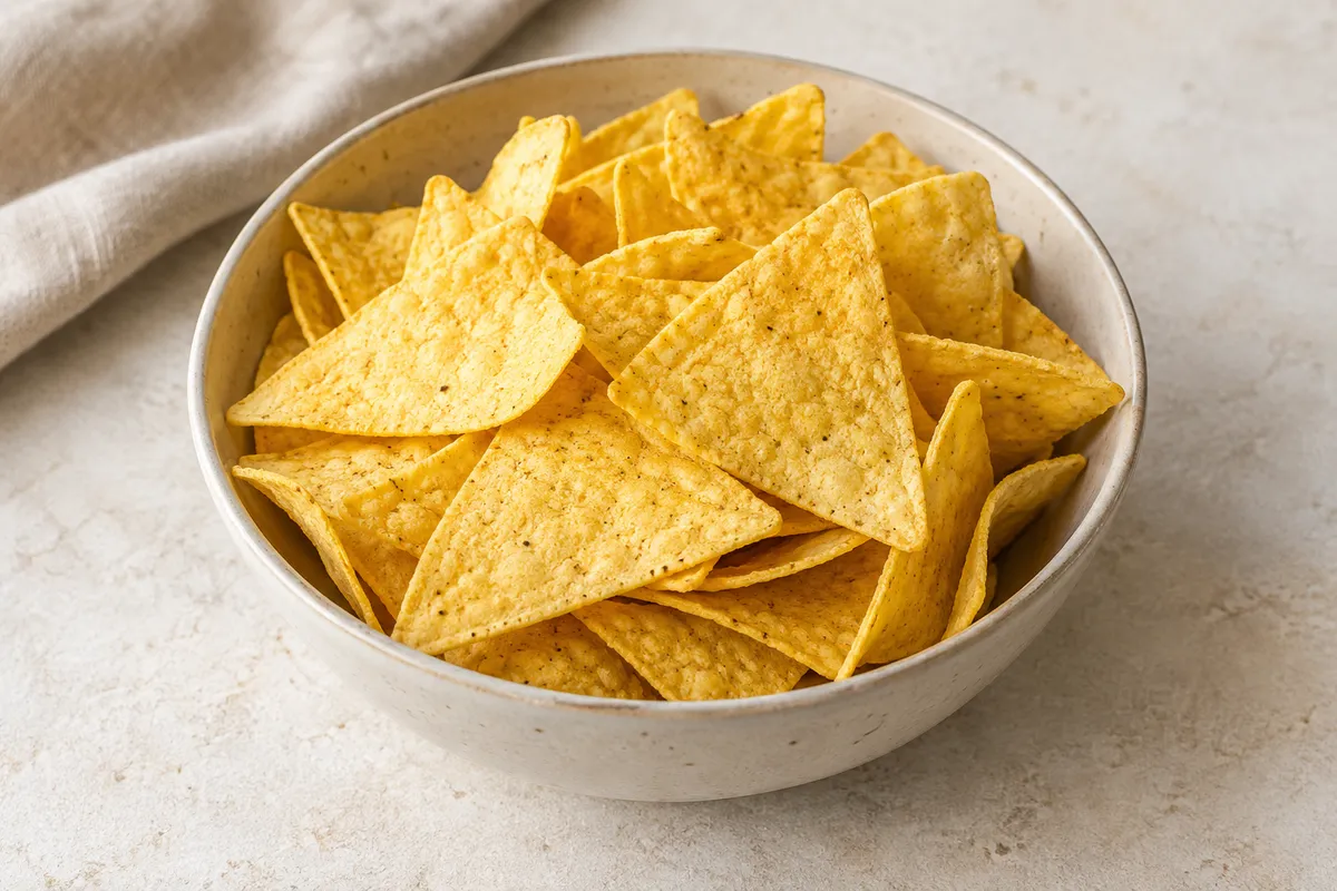 Chips de maïs sur un fond de lin clair.