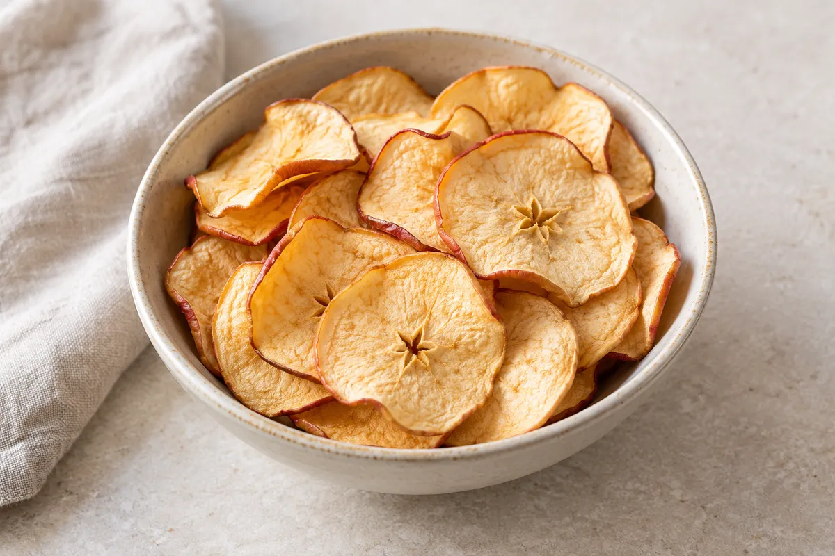 Chips de pommes sur un fond de lin clair.