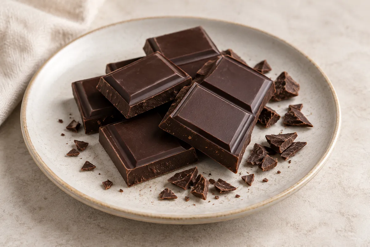 Chocolat noir sur un fond de lin clair.