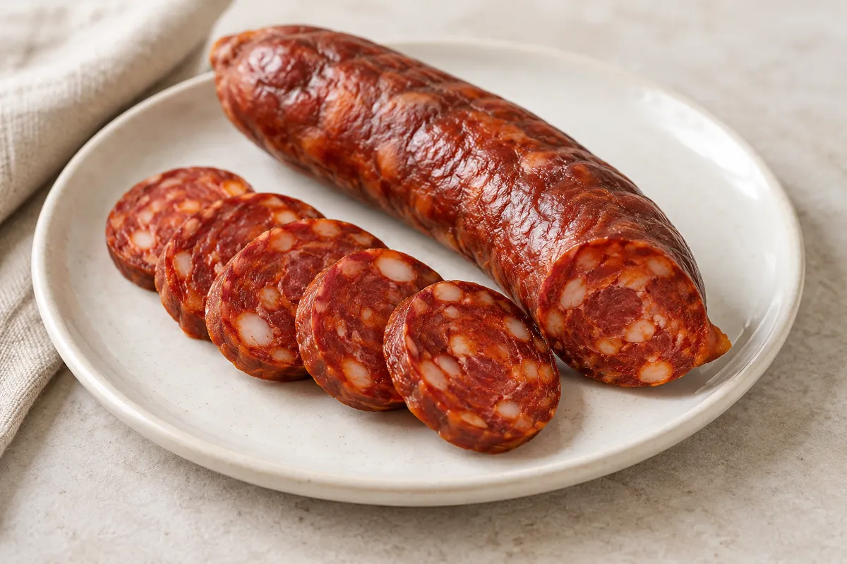 Chorizo sur un fond de lin clair.