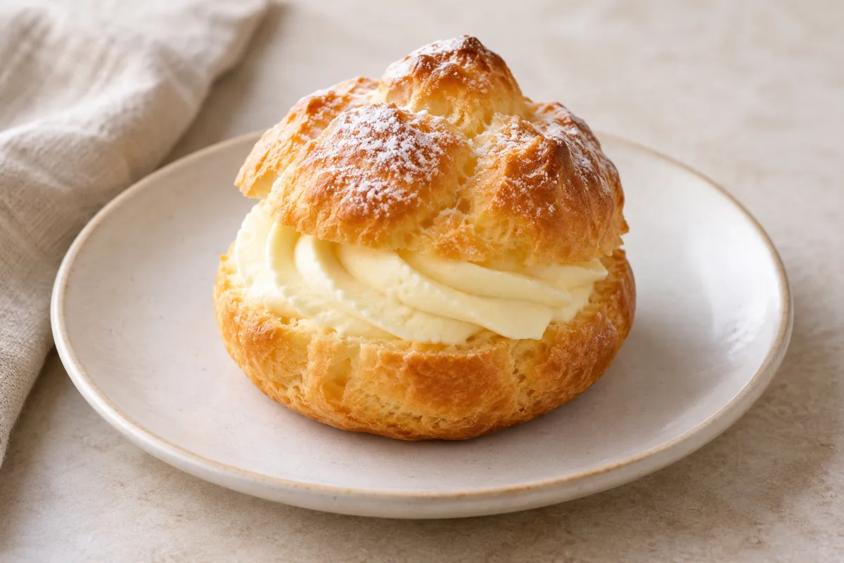 Chou à la crème sur un fond de lin clair.