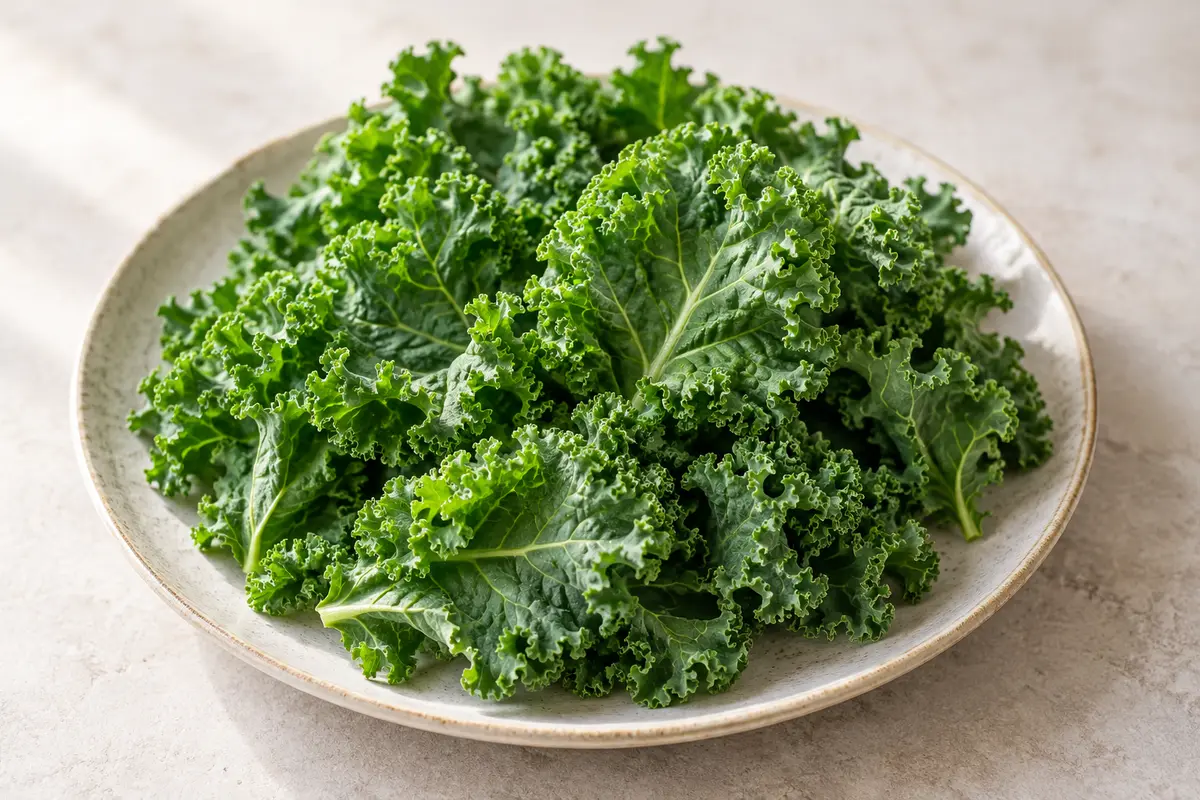 Chou kale sur un fond de lin clair.