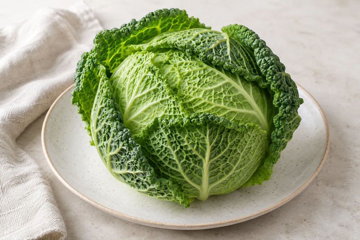 Chou vert sur un fond de lin clair.