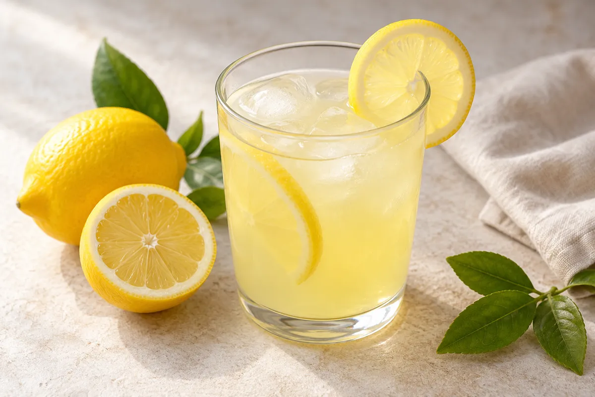 Citronnade sur un fond de lin clair.