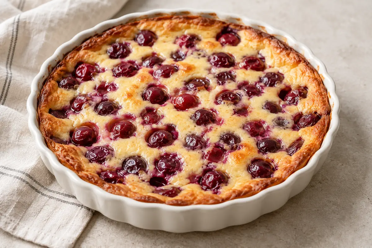 Clafouti aux fruits sur un fond de lin clair.