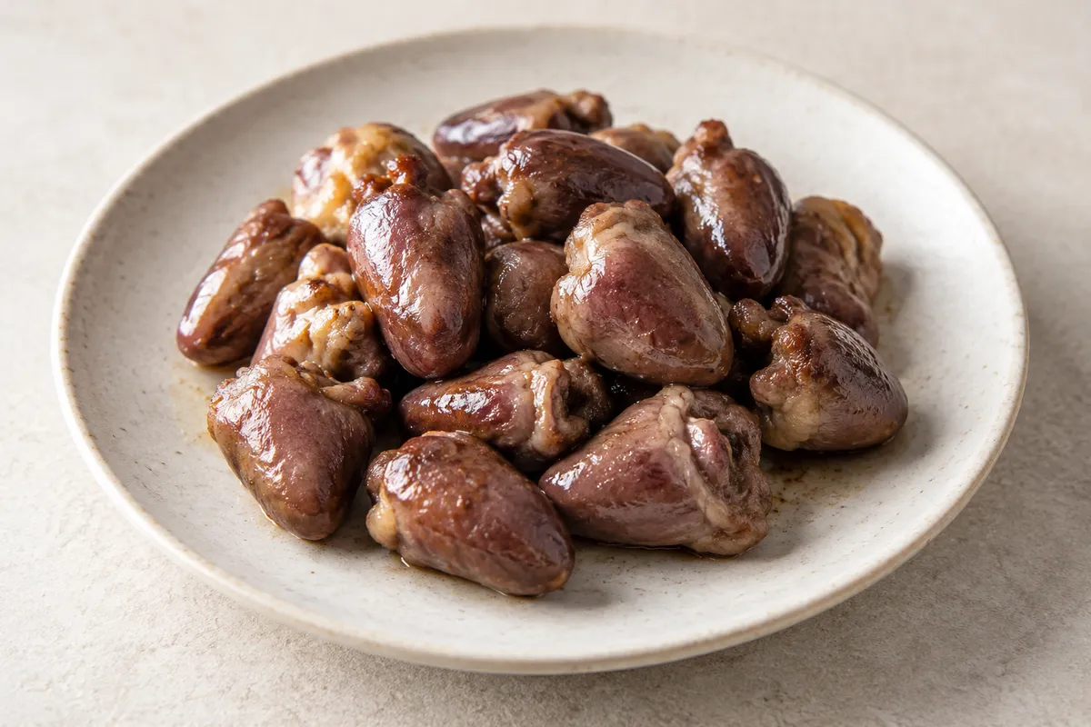 Coeur poulet sur un fond de lin clair.