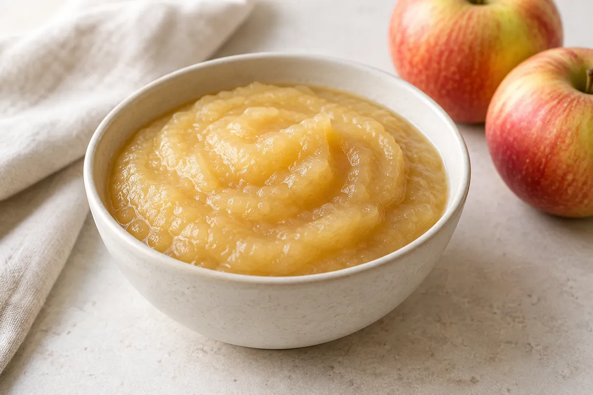 Compote de pomme sur un fond de lin clair.