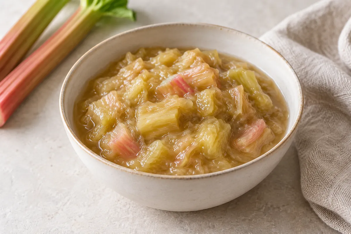Compote de rhubarbe sur un fond de lin clair.