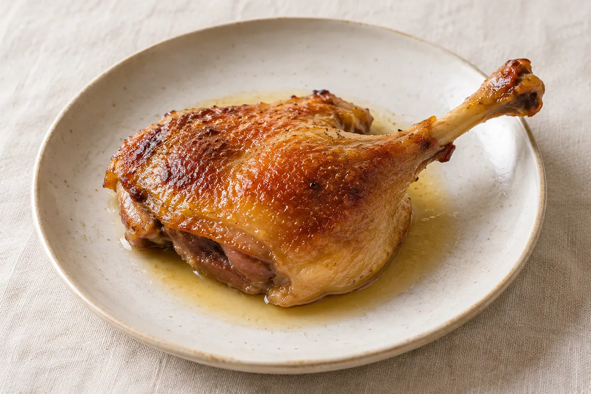 Confit de canard sur un fond de lin clair.