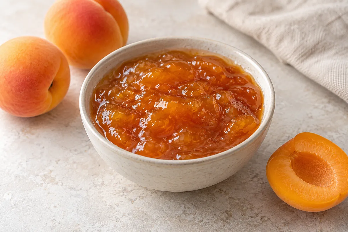 Confiture d'abricot sur un fond de lin clair.