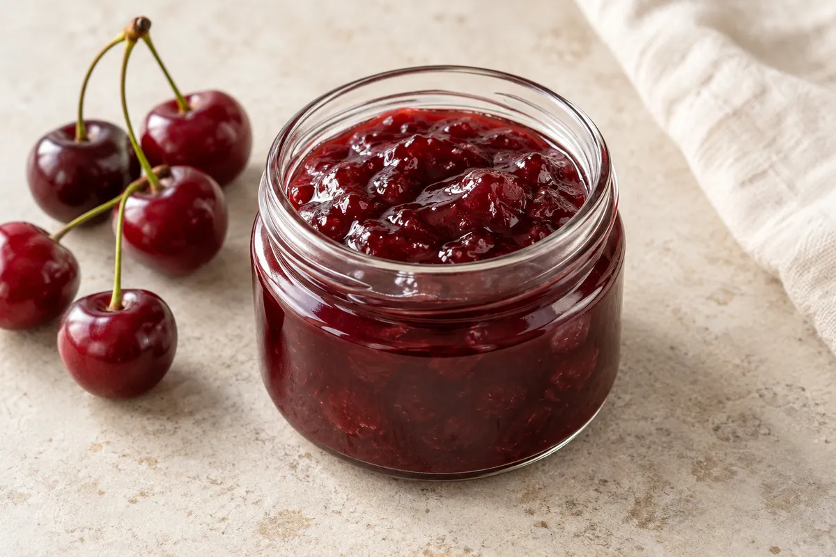 Confiture de cerise sur un fond de lin clair.