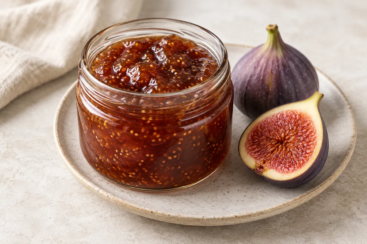Confiture de figue sur un fond de lin clair.