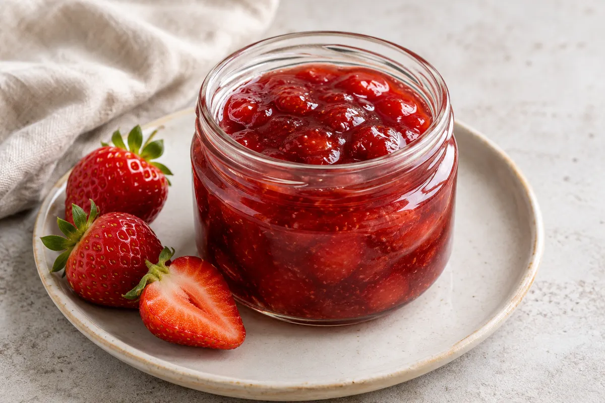 Confiture de fraise sur un fond de lin clair.