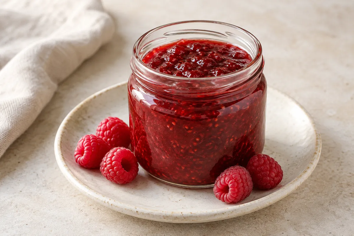Confiture de framboise sur un fond de lin clair.