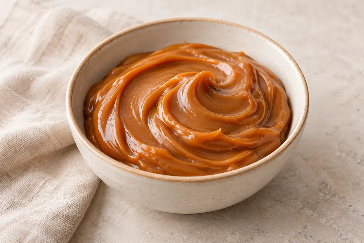 Confiture de lait sur un fond de lin clair.