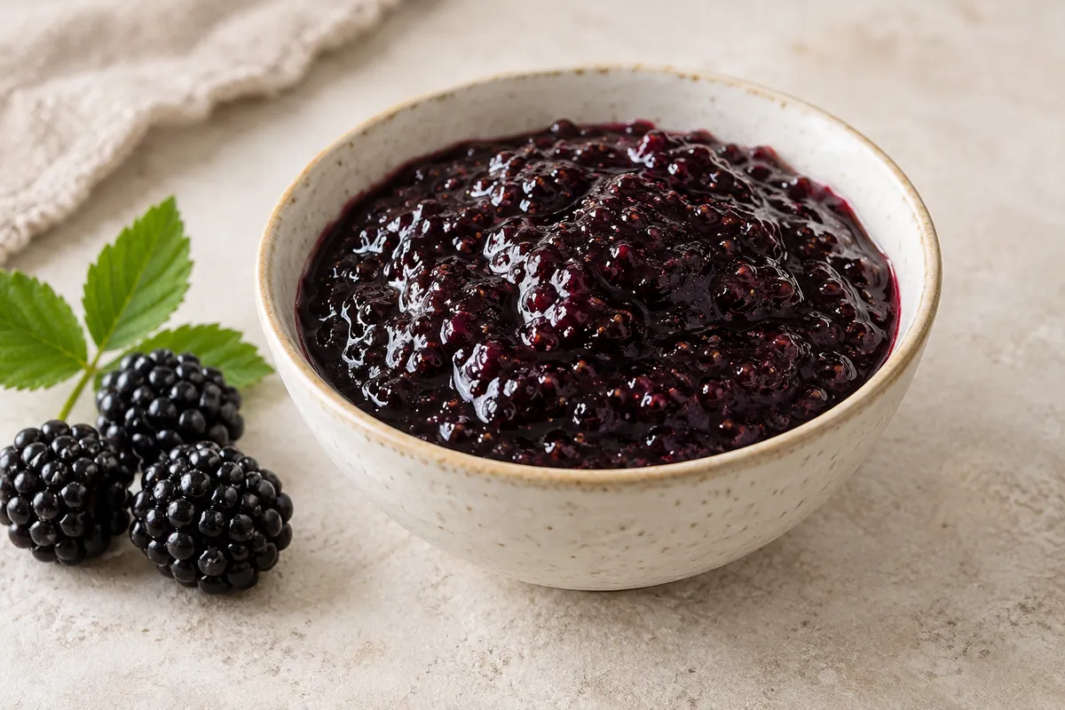 Confiture de mûre sur un fond de lin clair.