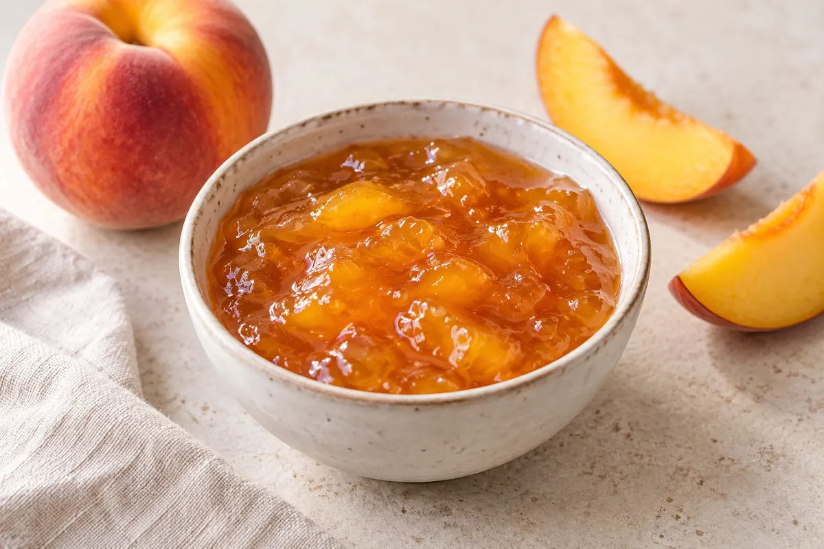 Confiture de pêche sur un fond de lin clair.
