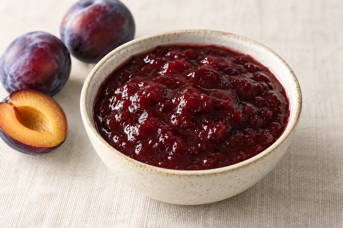 Confiture de prune sur un fond de lin clair.