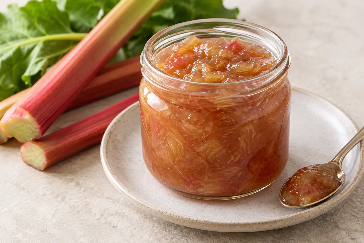 Confiture de rhubarbe sur un fond de lin clair.