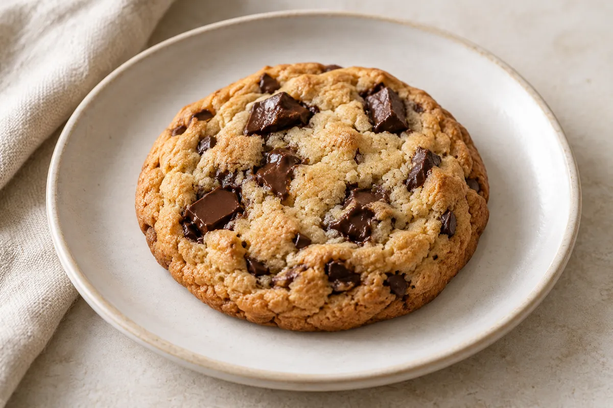 Cookie au chocolat sur un fond de lin clair.