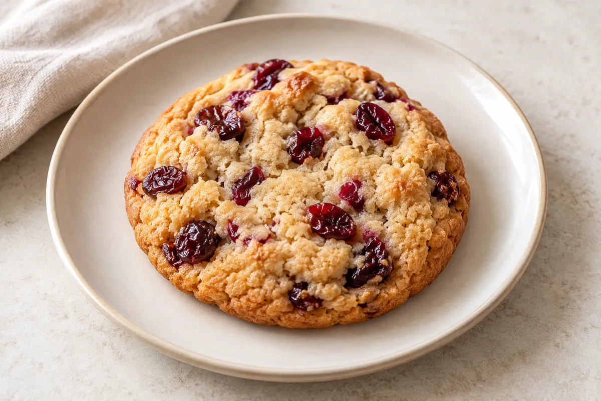 Cookie aux cranberries sur un fond de lin clair.