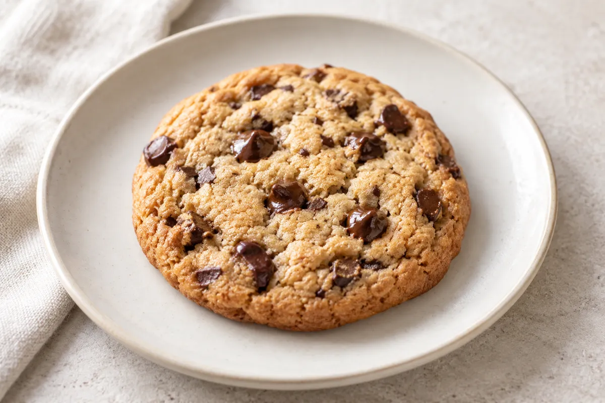 Cookie aux pépites sur un fond de lin clair.