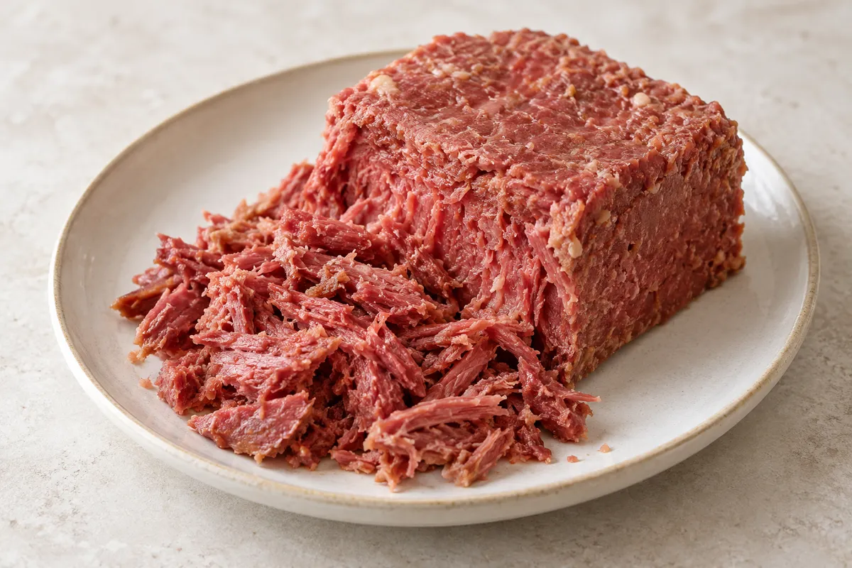 Corned-beef sur un fond de lin clair.