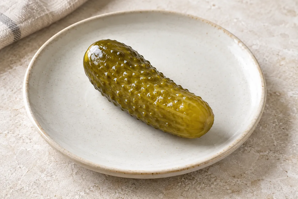 Cornichon au vinaigre sur un fond de lin clair.