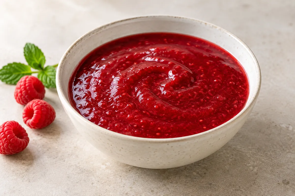 Coulis de fruits sur un fond de lin clair.