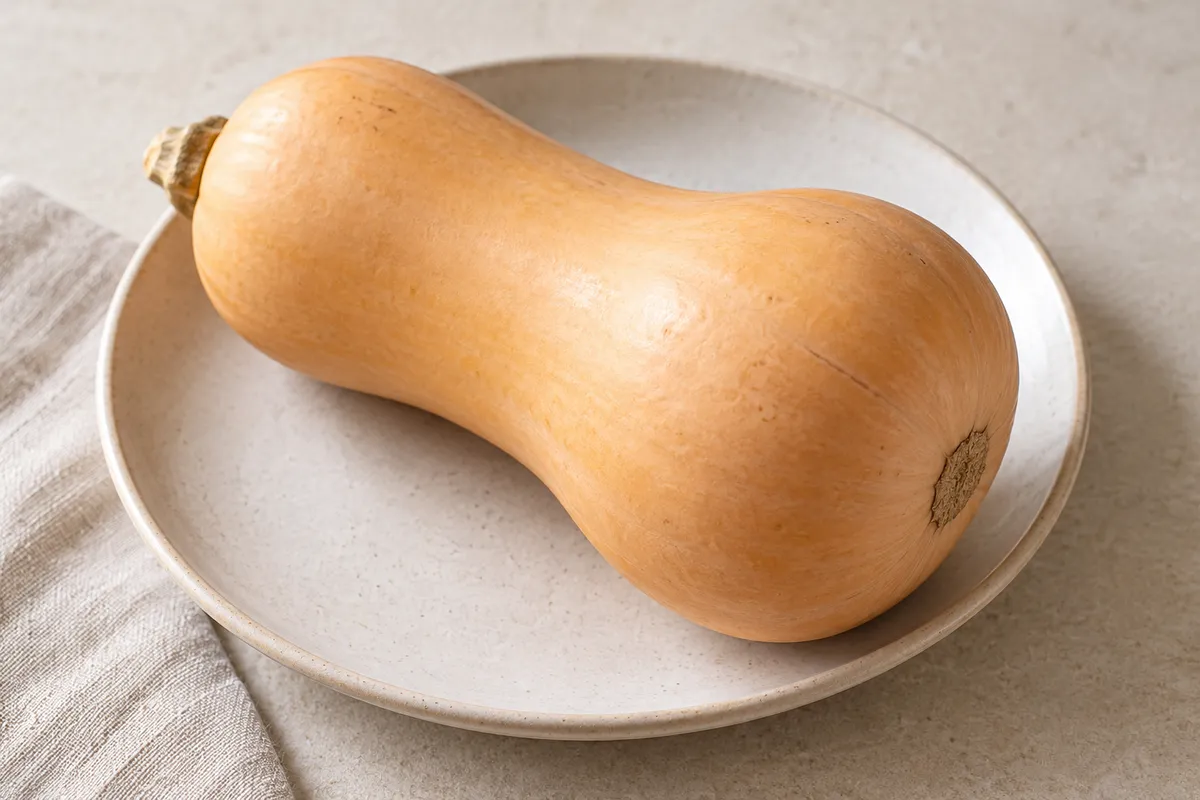 Courge butternut sur un fond de lin clair.