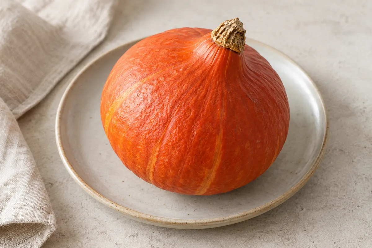 Courge hokkaïdo sur un fond de lin clair.