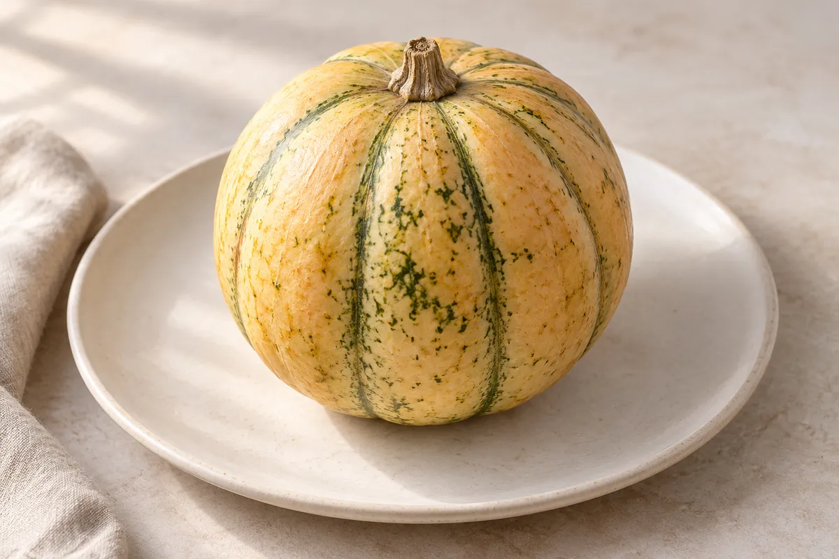 Courge melonnette sur un fond de lin clair.